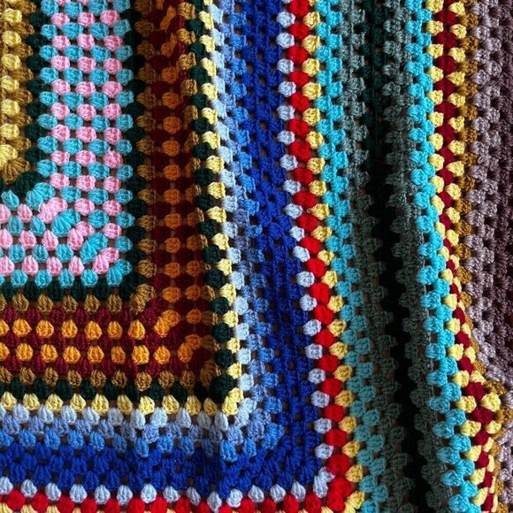 Vintage Granny Square Crochet Throw Blanket Rainbow Home Decor Afghan Boho Brown - Picture 5 of 5